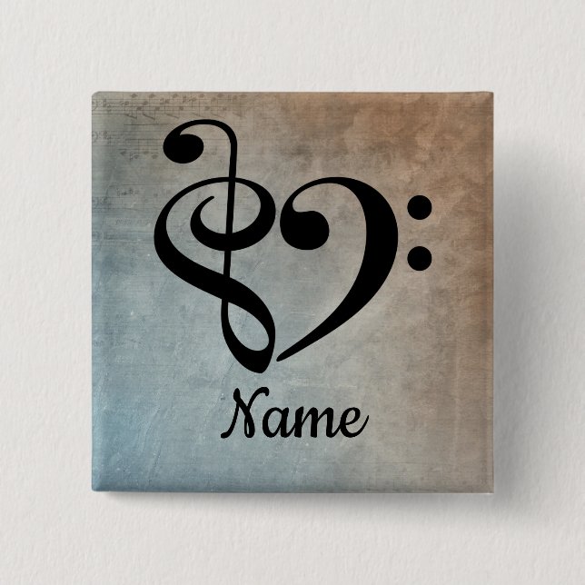 Badge Carré 5 Cm Treble Clef Bass Clef Music Coeur Customisé (Devant)