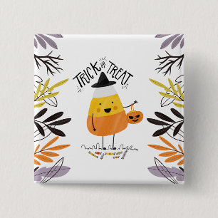 Badge Carré 5 Cm Tricoter ou traiter l'Halloween du maïs bonbon   B