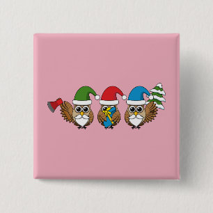 Badge Carré 5 Cm Trois chouettes naines de Noël amusantes