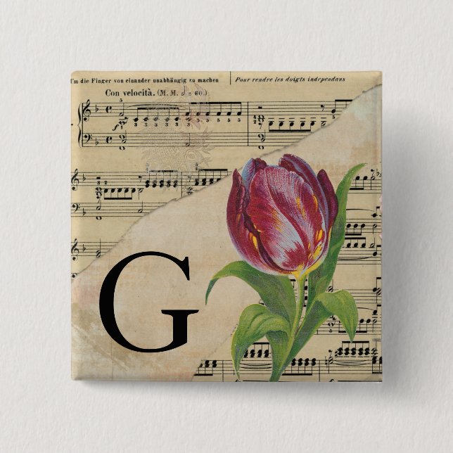 Badge Carré 5 Cm Tulipe violette feuille de musique Monogramme init (Devant)