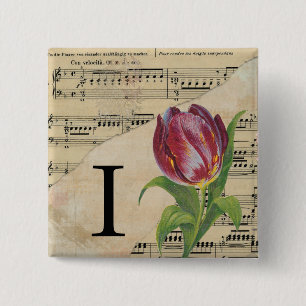Badge Carré 5 Cm Tulipe violette feuille musique Monogramme initial