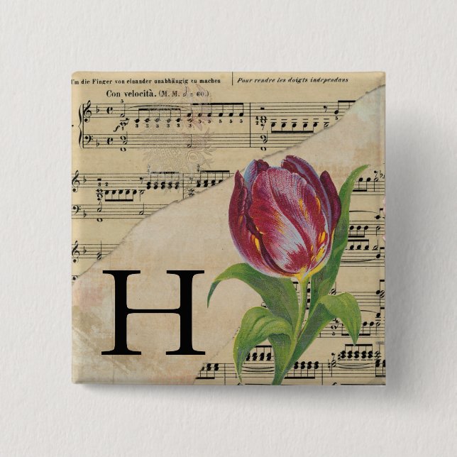 Badge Carré 5 Cm Tulipe violette feuille musique Monogramme initial (Devant)
