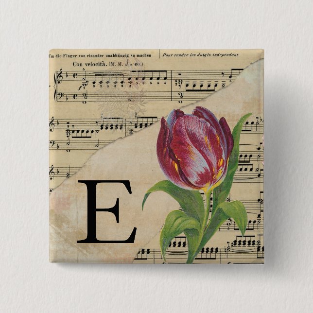 Badge Carré 5 Cm Tulipe violette feuille musique Monogramme initial (Devant)