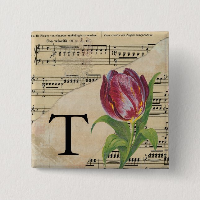 Badge Carré 5 Cm Tulipe violette feuille musique Monogramme initial (Devant)