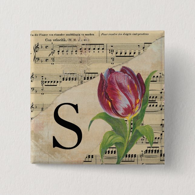 Badge Carré 5 Cm Tulipe violette Partition Monogramme initial S (Devant)