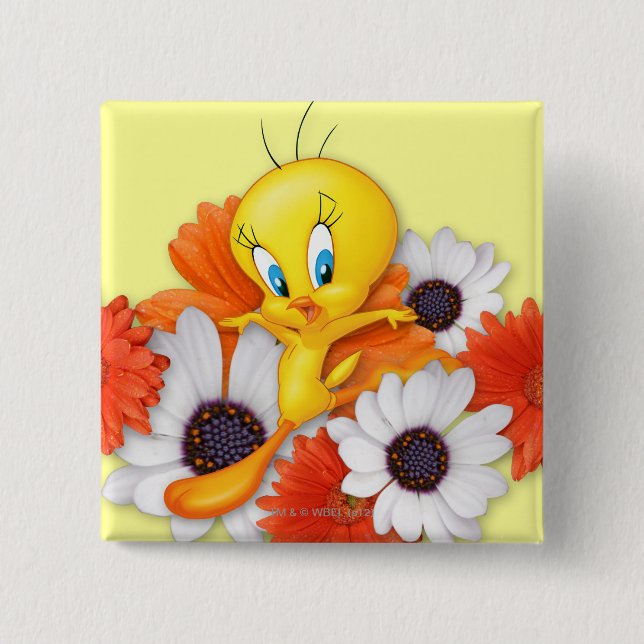 Badge Carré 5 Cm Tweety Avec Marguerites (Devant)