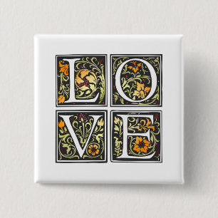 Badge Carré 5 Cm Typographie vintage de l'amour floral   Bouton d'é