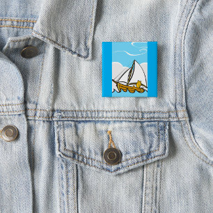Badge Carré 5 Cm Un chat grincheux sur un voilier Drôle Caricature 