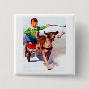 Badge Carré 5 Cm Un garçon et sa charrue à chien