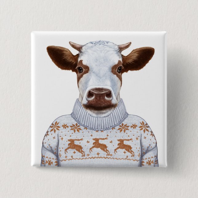Badge Carré 5 Cm Vache à chandail de Noël (Devant)