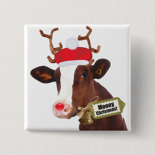 Badge Carré 5 Cm Vache à renne de Joyeux Noël de Mooey