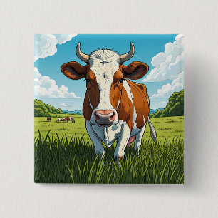Badge Carré 5 Cm Vache brune et blanche debout dans un champ d'herb