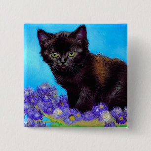 Badge Carré 5 Cm Van Gogh Chat et fleurs