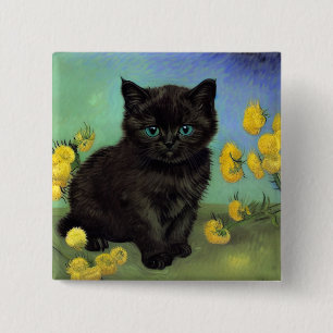 Badge Carré 5 Cm Van Gogh Chat noir Fleurs jaunes
