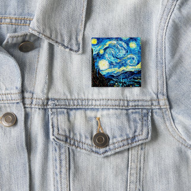 Badge Carré 5 Cm Van Gogh, Starry Night, (En situation)