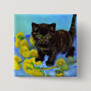 Badge Carré 5 Cm Van Gogh Style Chat avec tournesol