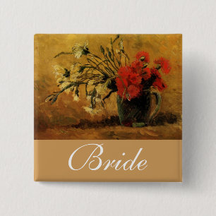 Badge Carré 5 Cm vase avec des oeillets rouges et blancs, van Gogh
