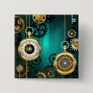 Badge Carré 5 Cm Veille bijoux Steampunk sur un Arrière - plan vert