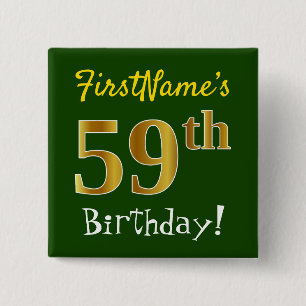 Badge Carré 5 Cm Vert, Faux Gold 59e Anniversaire, Avec Nom Personn