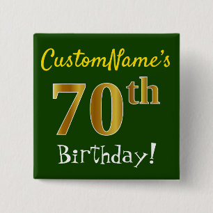 Badge Carré 5 Cm Vert, Faux Gold 70e anniversaire, avec nom personn