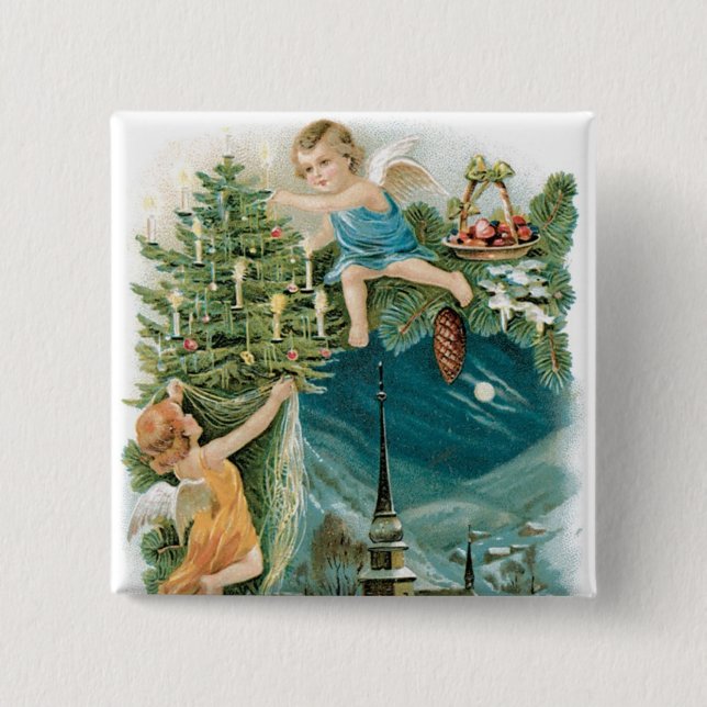 Badge Carré 5 Cm Village de Noël avec Anges (Devant)