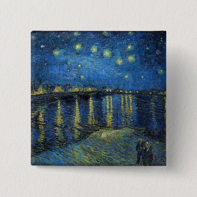 Badge Carré 5 Cm Vincent Van Gogh - Nuit étoilée sur le Rhône (Devant)