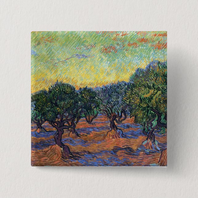 Badge Carré 5 Cm Vincent Van Gogh Oliveraie Impressionnisme Art (Devant)