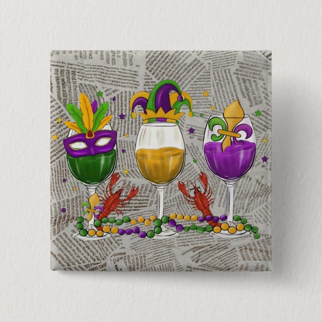Badge Carré 5 Cm Vins Mardi Gras et Crawfish (Devant)