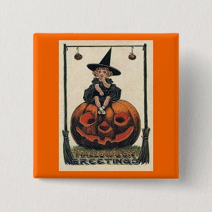 Badge Carré 5 Cm Vintage fille d'Halloween sur Jack o'Lantern