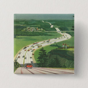Badge Carré 5 Cm Vintage Pittoresque American Highways, Cars Road T