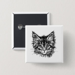 Badge Carré 5 Cm Visage de Kitten noir et blanc