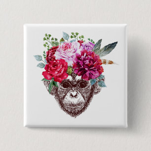 Badge Carré 5 Cm Visage de singe de fleur
