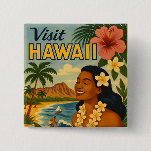 Badge Carré 5 Cm Visite Hawaii Tourisme Art Mid Century