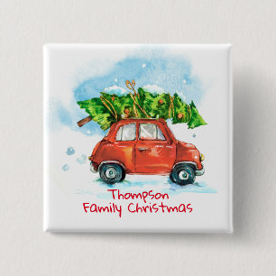 Badge Carré 5 Cm Voiture avec arbre de Noël et nom de famille