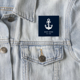 Badge Carré 5 Cm Votre nom de bateau ancre bleu personnalisé