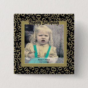 Badge Carré 5 Cm Votre photo :  cinquantième Or et noir de motif d