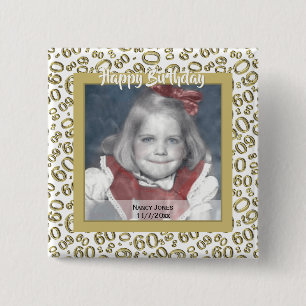 Badge Carré 5 Cm Votre photo :  soixantième Or et blanc de motif de