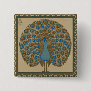 Badge Carré 5 Cm Walter Crane Or Art Peacock Bleu Or Vintage