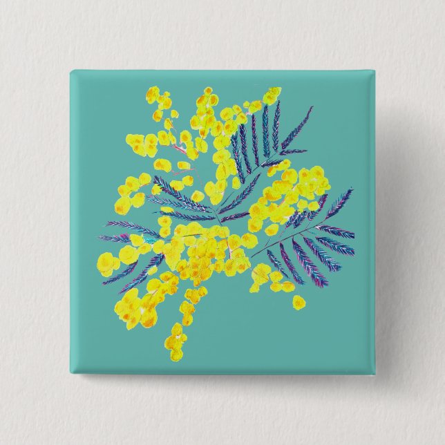 Badge Carré 5 Cm Wattle Mimosa fleurie jaune Australie (Devant)