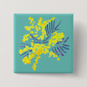 Badge Carré 5 Cm Wattle Mimosa fleurie jaune Australie