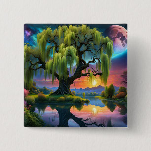Badge Carré 5 Cm Willow tree under Pleine lune N Starry ciel Sunset