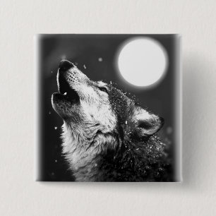 Badge Carré 5 Cm Wolf Howling à Moon