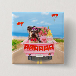 Badge Carré 5 Cm Yorkshire Terrier Chien Valentine's Day Coeurs Cam