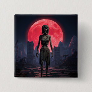 Badge Carré 5 Cm Zombie femelle Lune de sang