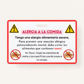 Badge Carte Chef d'alerte d'allergie aux arachides espag
