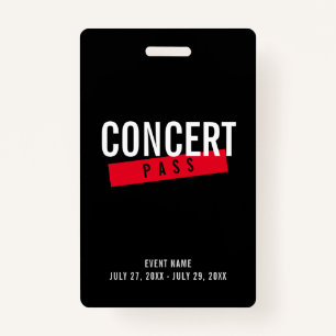 Badge Carte de concert Noir Rouge Carte d'identité perso