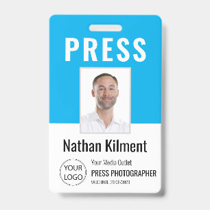 Badge Carte de presse journaliste photo nom logo ID bleu