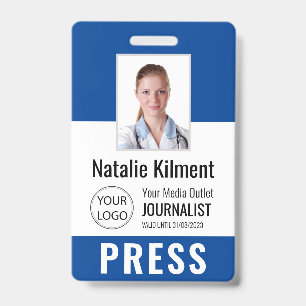 Badge Carte de presse journaliste photo nom logo ID bleu