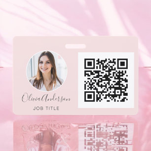 Badge Carte de visite avec code QR rose pâle