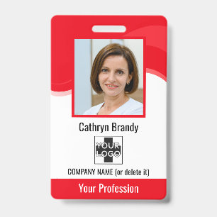 Badge Carte d'employé personnalisée rouge, photo, code-b